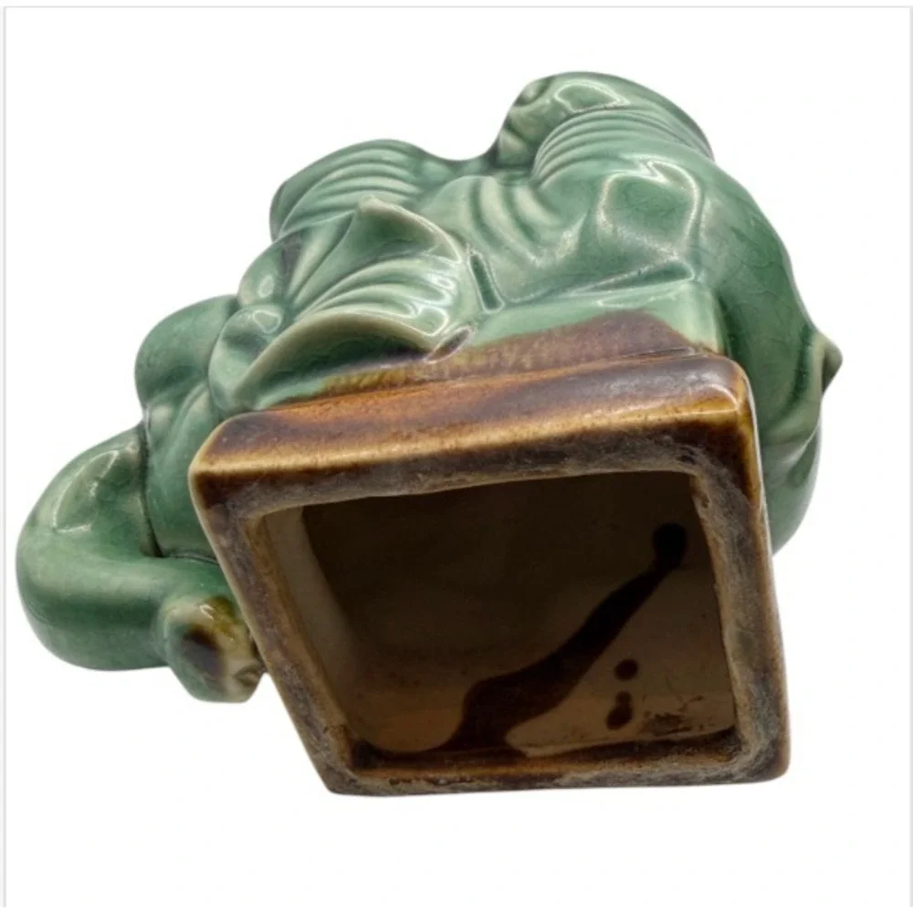VTG Lucky Trunk Up Elephant Planter Cachepot Pair  Ceramic Green Brown MCM Decor